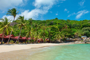 View of water bungalows on white sand beach and blue sea background.