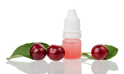 Bottle with liquid for smoking with cherry flavor and three cherries isolated on white background