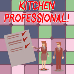 Word writing text Kitchen Professional. Business photo showcasing equipped to satisfy the needs of a professional chef Man and Woman in Business Suit Presenting Report of Check and Lines on Paper