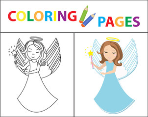 Coloring book page for kids. Angel little girl. Sketch outline and color version. Childrens education. Vector illustration.