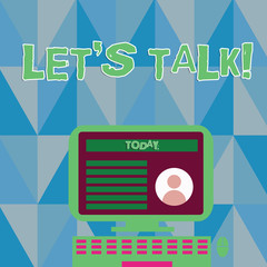 Obraz premium Word writing text Let S Talk. Business photo showcasing they are suggesting beginning conversation on specific topic Desktop Computer Mounted on Stand with Online Profile Data on Monitor Screen