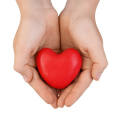 Heart in the hands of a boy, isolated on a white background. Concept of love or kindness.