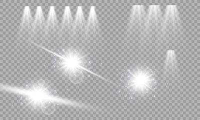 Glow light effect. Vector illustration. Christmas flash Concept. Vector illustration of abstract flare light rays. A set of stars, light and radiance, rays and brightness. Glow light effect.