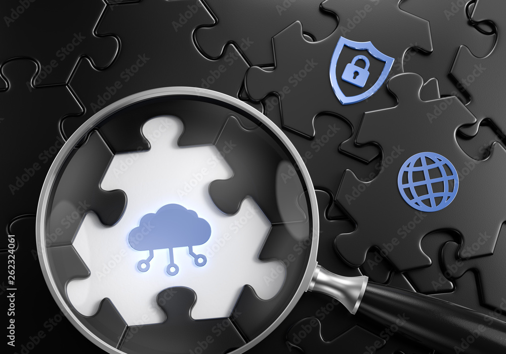 Poster cloud search. close-up composition of a magnifyer focusing on a digital cloud symbol surrounded by b