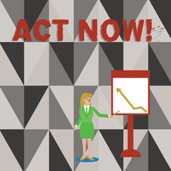 Conceptual hand writing showing Act Now. Concept meaning do not hesitate and start working or doing stuff right away Woman Holding Stick Pointing to Chart of Arrow on Whiteboard