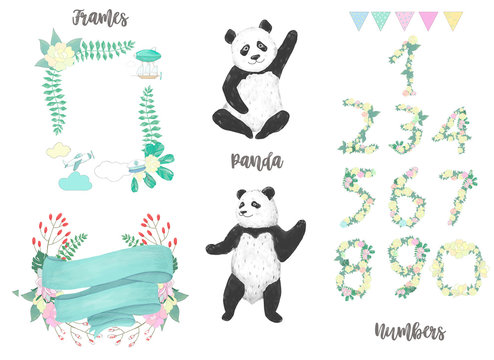 Panda watercolor drawing animal illustration cute animal greeting, birthday celebration card, black funny bear and numbers and frames, character digital flowers ribbon on white background.