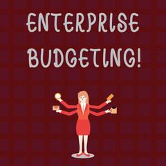 Text sign showing Enterprise Budgeting. Business photo showcasing estimated income and expenses associated in business Businesswoman with Four Arms Extending Sideways Holding Workers Needed Item