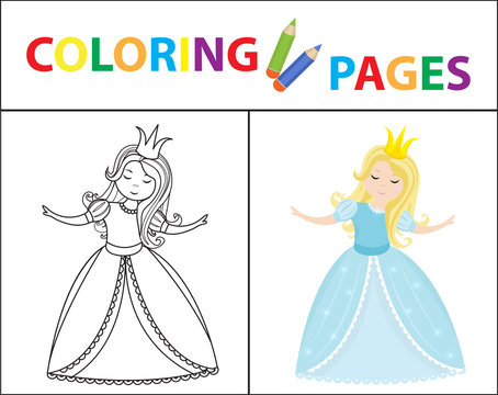 Coloring book page for kids. Cinderella little princess. Sketch outline and color version. Childrens education. Vector illustration.