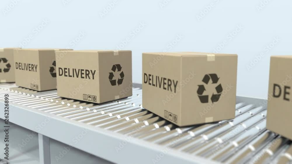 Poster boxes with delivery text on roller conveyor. 3d animation