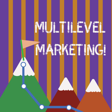 Text sign showing Multilevel Marketing. Business photo showcasing marketing strategy for the sale of products or services Three Mountains with Hiking Trail and White Snowy Top with Flag on One Peak