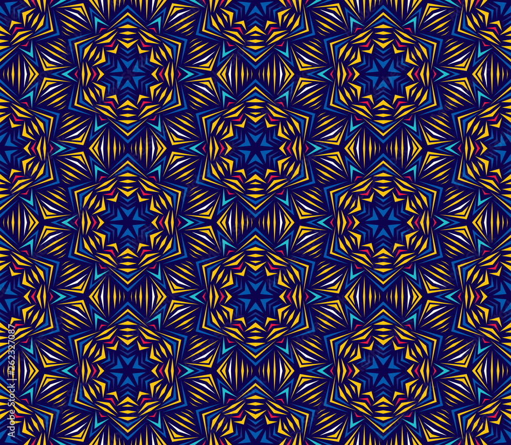 Poster Abstract seamless pattern with kaleidoscope. Symmetric patterns of reflections of figures.