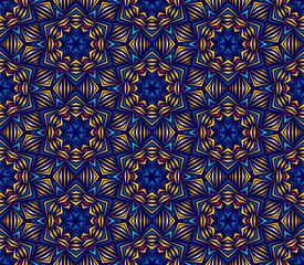 Abstract seamless pattern with kaleidoscope. Symmetric patterns of reflections of figures.