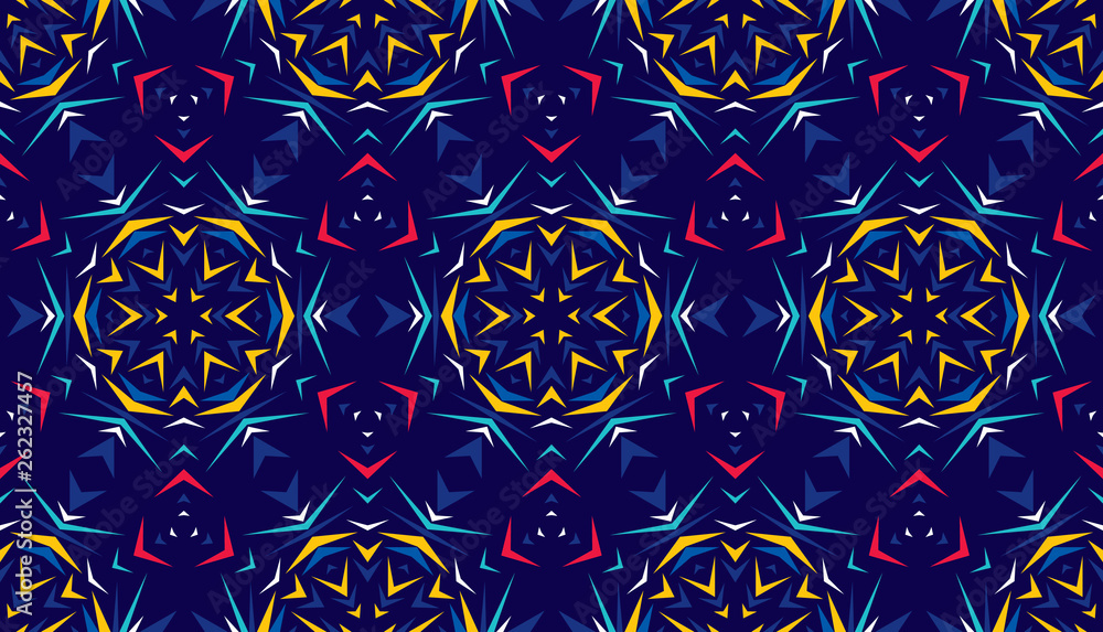 Poster abstract seamless pattern with kaleidoscope. symmetric patterns of reflections of figures.
