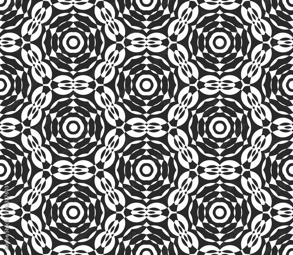Poster Abstract seamless pattern with kaleidoscope. Symmetric patterns of reflections of figures.