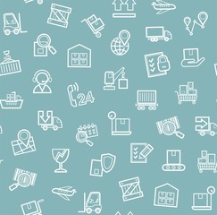 Cargo delivery, seamless pattern, blue, monochrome, contour lines, icons, vector. 