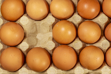 Raw chicken eggs in cardboard egg box with empty space