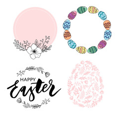 Easter frame with easter eggs hand drawn black on white background. Decorative frame from eggs. Easter eggs with colorful leaves and watercolor dot set