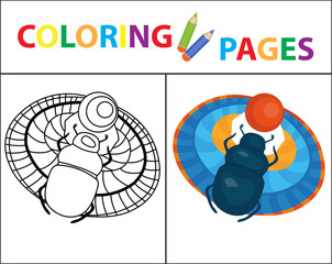 Coloring book page. Scarab beetle. Sketch outline and color version. Coloring for kids. Childrens education. Vector illustration.