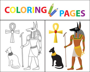 Coloring book page. Egyptian set. Sketch outline and color version. Coloring for kids. Childrens education. Vector illustration.