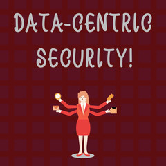 Text sign showing Data Centric Security. Business photo showcasing Identify and protect data wherever it resides Businesswoman with Four Arms Extending Sideways Holding Workers Needed Item