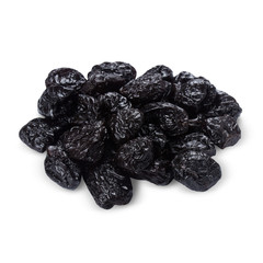 Heap of  dry prunes isolated on white background  with shadow, close up