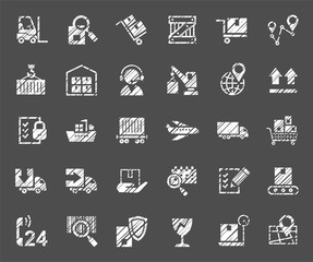 Shipping, flat badges, pencil hatching, white, vector. Cargo transportation and delivery of goods. White icons on grey background. Imitation of pencil hatching.  Vector clip art.  