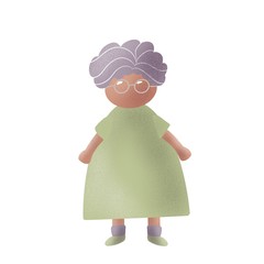 Grandmother senior digital illustration. Flat icons. Cute and stylish elderly gray-haired fat woman fashionable in green dress, glasses 