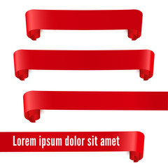 Red realistic ribbon banners set. Vector illustration for design