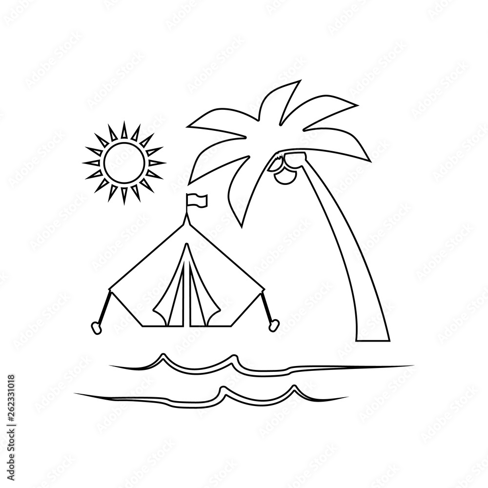 Poster waves of sandy beach, camping tent and palm trees at sunset icon. element of beach for mobile concep