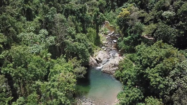 AERIAL: looking through a bunch of forestry to see the magical scenery of Mango Waterfall in Adjuntas, Puerto Rico.