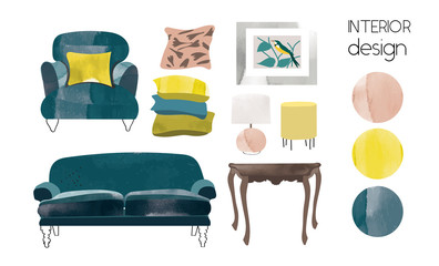 vector interior design watercolour illustration. furniture collection elements. mood board of interior design. material samples. home decor. living room design.