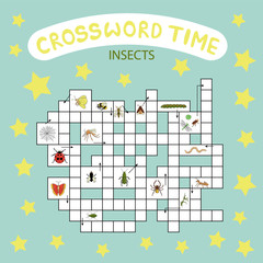 Vector crossword puzzle. Bright and colorful quiz for children. Insect topic
