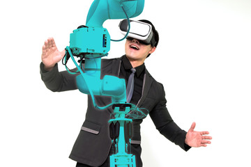Virtual reality technology in industry 4.0. Business man suit wearing VR glasses to see AR service , Thermal Monitoring motor for check destroy part of smart robot arm machine on white background.