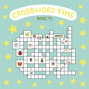 Vector crossword puzzle. Bright and colorful quiz for children. Insect topic