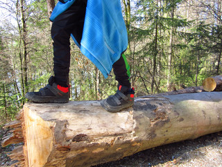 Boy child walking on tree trunks stimulates motor development and balance