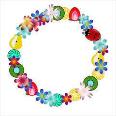 vector round frame with flowers and fruits