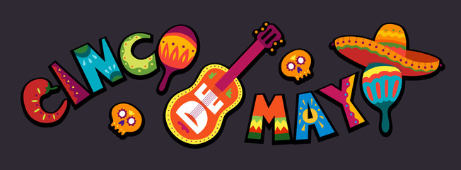 Cinco de Mayo in Mexico. May 5, Latin America holiday. Colorful, detailed, lots of objects background. Vector template with traditional Mexican symbols skull, guitar, flowers, red pepper