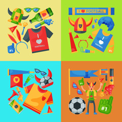 Football team supporter banner vector illustration. Soccer sport fan attribute, rooter buff man accessories and supplies to cheer for your favorite team. Ball, hat, flag. I love football.