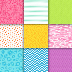 Abstract hand drawn geometric simple minimalistic seamless patterns set. Polka dot, stripes, waves, random symbols textures. Vector illustration
