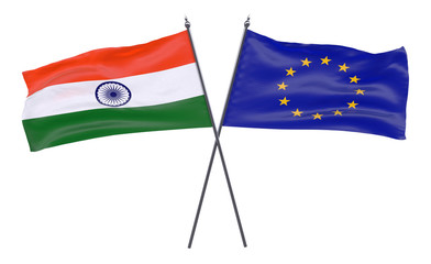 India and European Union, two crossed flags isolated on white background. 3d image
