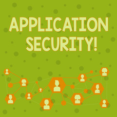Word writing text Application Security. Business photo showcasing methods to protect applications from external threats Online Chat Head Icons with Avatar and Connecting Lines for Networking Idea