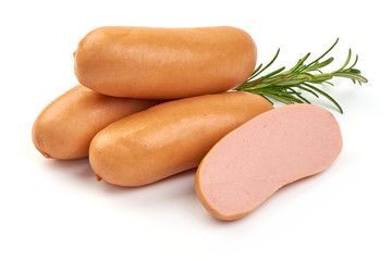 Fresh boiled sausages with rosemary, close-up, isolated on white background