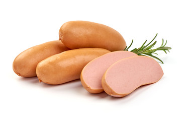 Fresh pork boiled sausages with rosemary, close-up, isolated on white background