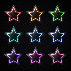 Colorful neon star shape banners set. Glowing led light stars with glass texture plate. Glossy infographics elements design for banner flyer business rating concept. Award badges vector illustration.