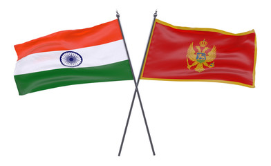 India and Montenegro, two crossed flags isolated on white background. 3d image