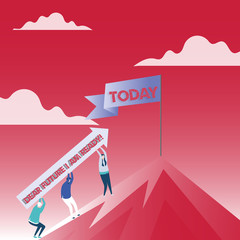 Text sign showing Dear Future I Am Ready. Business photo text suitable state for action or situation being fully prepared People Holding Arrow Going Up the Mountain. Blank Banner on Pole at the Peak