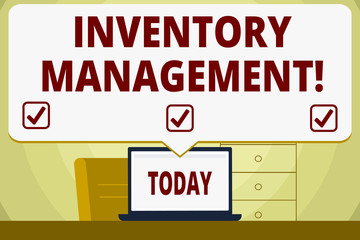 Conceptual hand writing showing Inventory Management. Concept meaning supervision of noncapitalized assets and stock items Speech Bubble Pointing White Laptop Screen in Workspace Idea