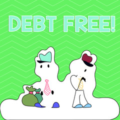Writing note showing Debt Free. Business concept for does not owning any money or things to any individual or companies Figure of Two Men Standing with Pouch Bag White Snow Effect