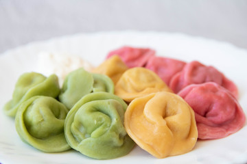 Appetizing colored green, red and yellow ravioli on a white plate, side view