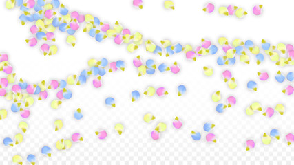Vector Realistic Colorful Petals Falling on Transparent Background.  Spring Romantic Flowers Illustration. Flying Petals. Sakura Spa Design. Blossom Confetti. Design Elements for Wedding Decoration.